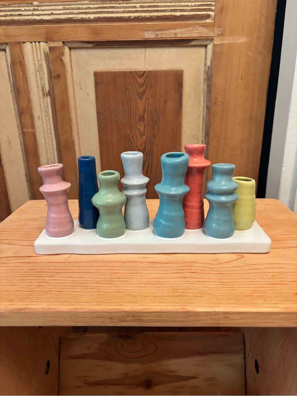 Pastel Multi-Color Ceramic Bud Vase Set on White Tray